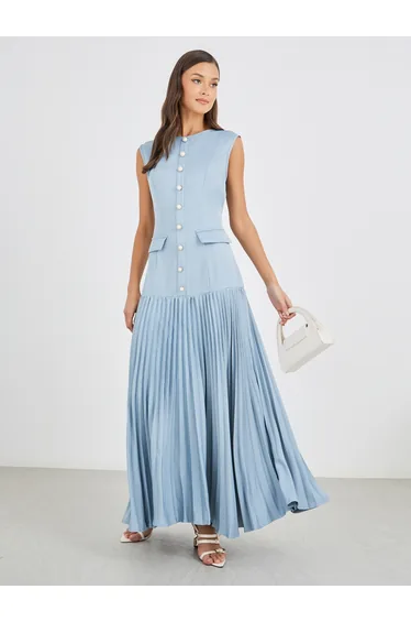 Women Blue Solid Sleeveless Pleated A-Line Maxi Dress
