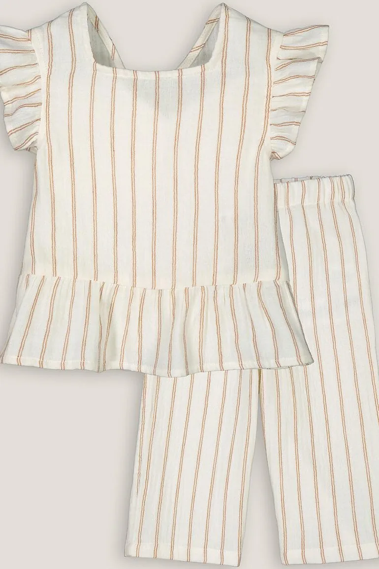 Striped Cotton Ruffled Blouse/Trousers Outfit