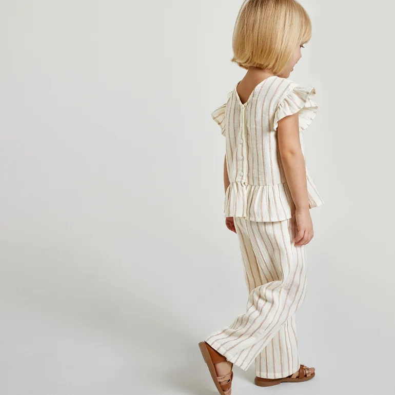 Striped Cotton Ruffled Blouse/Trousers Outfit - 5