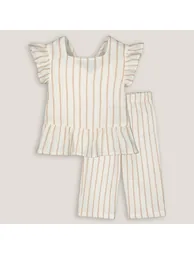 Striped Cotton Ruffled Blouse/Trousers Outfit - 1