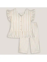 Striped Cotton Ruffled Blouse/Trousers Outfit - 2