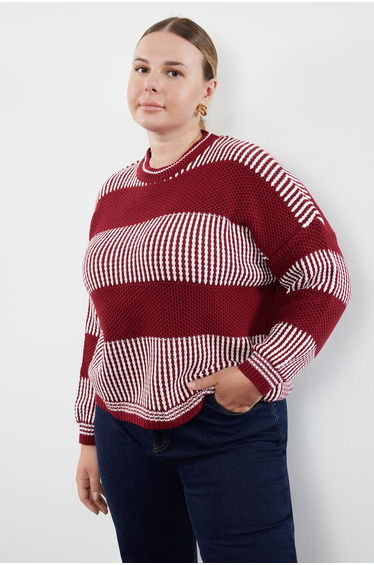 Red-Ecru Striped Textured Crew Neck Knitwear Sweater