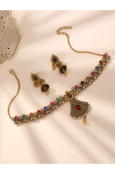 Embellished Leaf Fan Shaped Drop Necklace and Earrings Jewelry Set