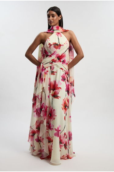 Floral Print Crinkle Cross Front Georgette Woven Maxi Dress