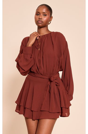 Chocolate Chiffon Belt Wrap Mini Shift Dress