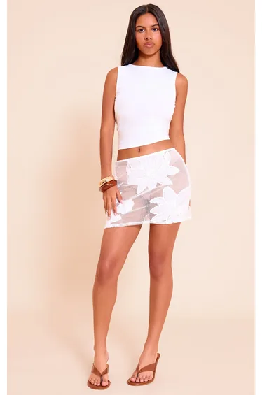 Petite Cream Floral Side Ruched Mini Skirt