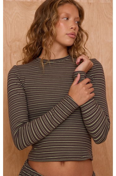 Dark Green Striped Soft Fleece Long Sleeve Top