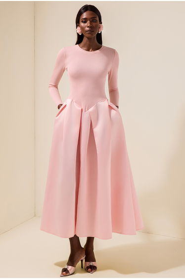 Jersey Splicing Satin Long Sleeve Midi Dress