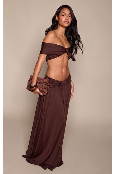 Chocolate Bardot Knot Detail Top