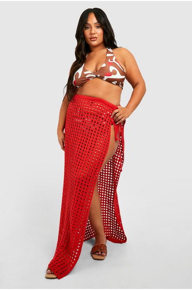 Plus Tie Side Crochet Maxi Skirt - rust