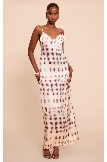 Cream Satin Printed Cowl Detail Maxi Dress