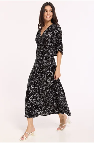 Black Polka Dot Wrap Maxi Dress