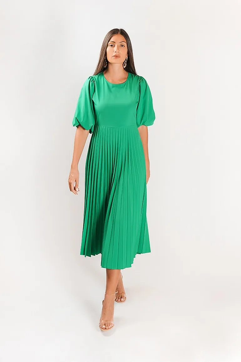 Shop DARK GREEN BALLOON SLEEVE MIDI DRESS Online in Oman