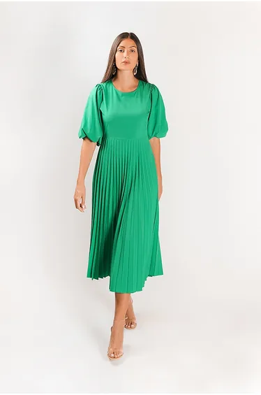 DARK GREEN BALLOON SLEEVE MIDI DRESS