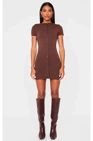 Chocolate Soft Knit Button Through Mini Dress