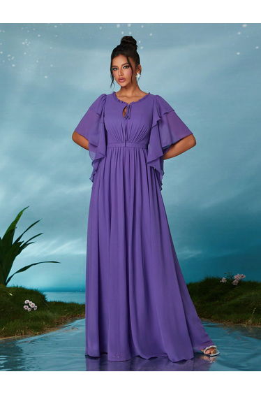 Leely Elegant Round Neck Flounce Sleeve Party Dress