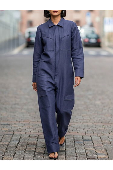 Long Sleeves Loose Solid Color Zipper Lapel Jumpsuits