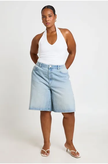 Plus Mid Rise Denim Shorts - bleach wash