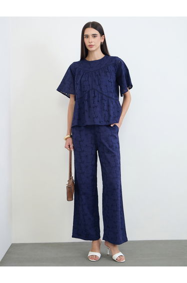 Navy Blue Schiffli Cotton Top and Pants Co-Ords