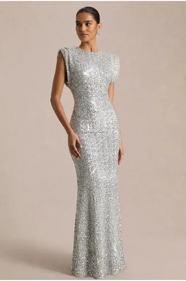 Aurah | Silver Sequin Crew-Neck Maxi Dress With Cap Sleeves