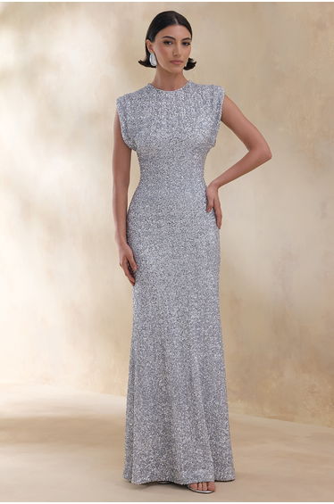 Aurah | Silver Sequin Crew-Neck Maxi Dress With Cap Sleeves