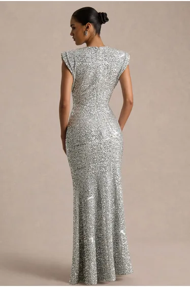Aurah | Silver Sequin Crew-Neck Maxi Dress With Cap Sleeves