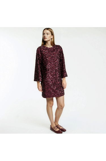 Short Sequin Flared Dress with Long Sleeves