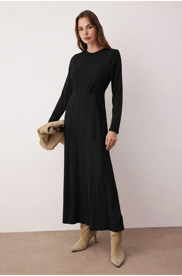 Black Unlined Plain Knitwear Rib/Camisole Hijab Dress