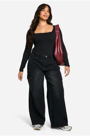 Plus Cotton Square Neck Long Sleeve Bodysuit - black