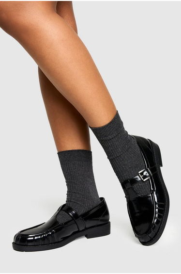 Ruched Detailed T Bar Loafers - black