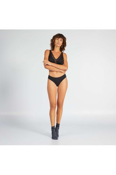 Microfibre and lace tanga briefs Black