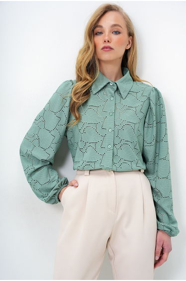 Women's Green Guipure Woven Premium Shirt