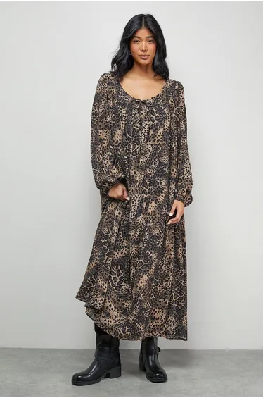 Chiffon Tie Front Volume Smock Dress