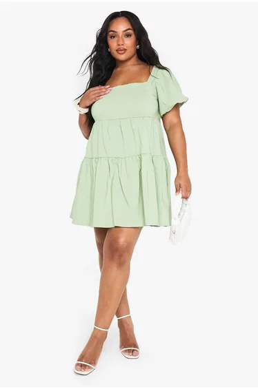 فستان بطبقات متدرجة بأكمام منفوخة - للمقاسات الكبيرة