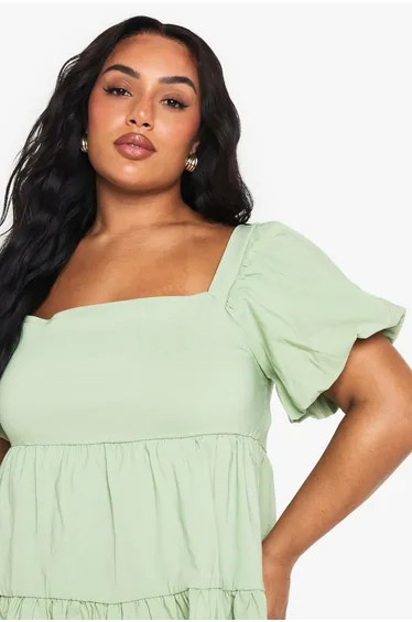 فستان بطبقات متدرجة بأكمام منفوخة - للمقاسات الكبيرة