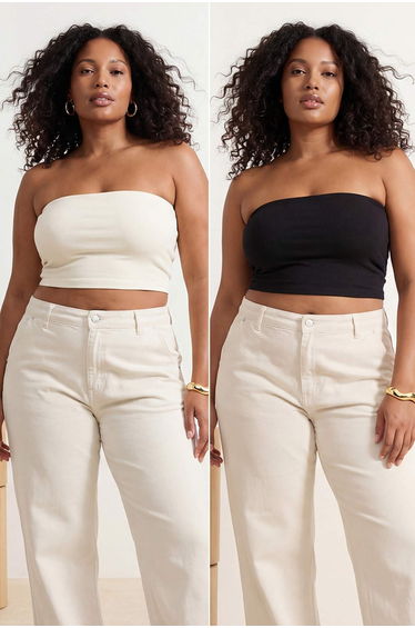 Black-Ecru 2-Pack Fitted Crop Stretchy Knitted Blouse