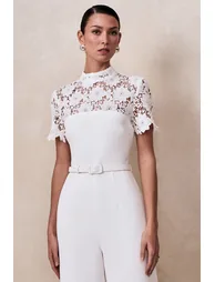 جمبسوت بتداخل دانتيل بياقة عالية - أبيض - 4