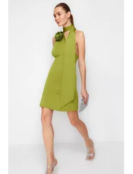 Oil Green Fitted Knitted Rose Detail Elegant Evening Dress - 2