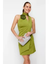 Oil Green Fitted Knitted Rose Detail Elegant Evening Dress - 1