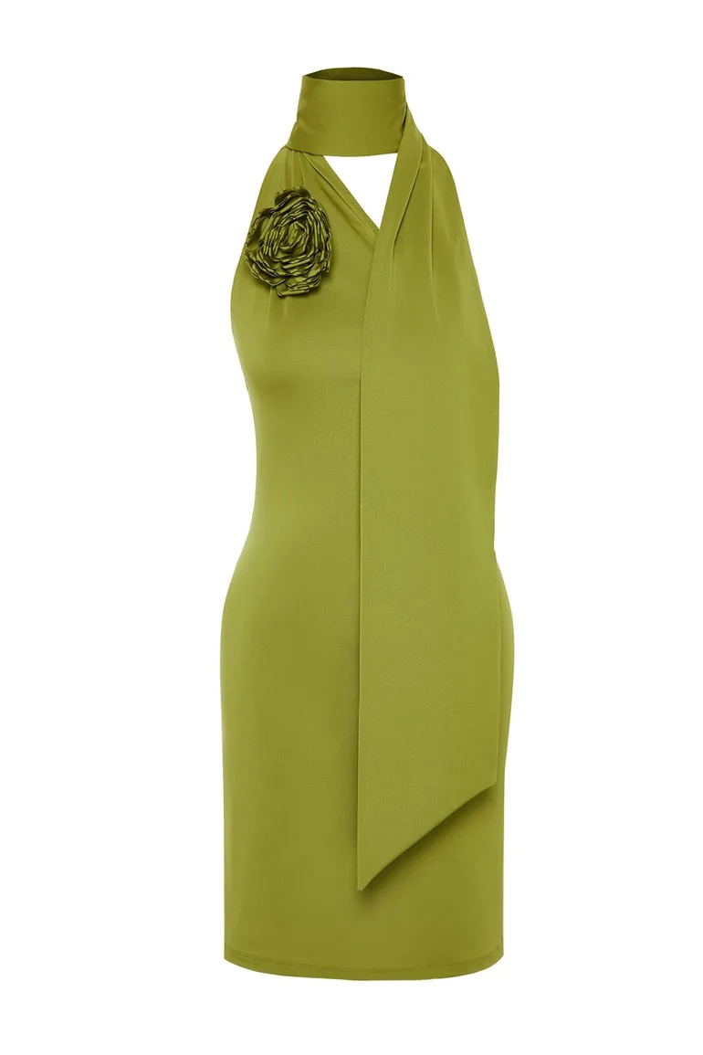 Oil Green Fitted Knitted Rose Detail Elegant Evening Dress - 6