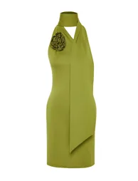 Oil Green Fitted Knitted Rose Detail Elegant Evening Dress - 6