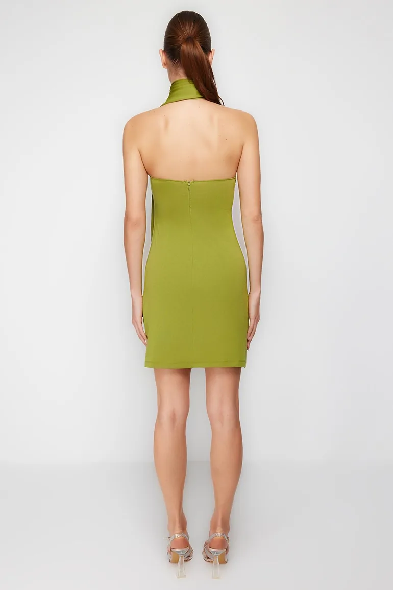 Oil Green Fitted Knitted Rose Detail Elegant Evening Dress - 5