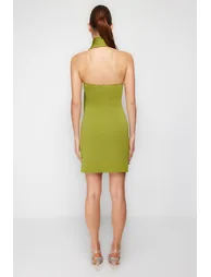 Oil Green Fitted Knitted Rose Detail Elegant Evening Dress - 5