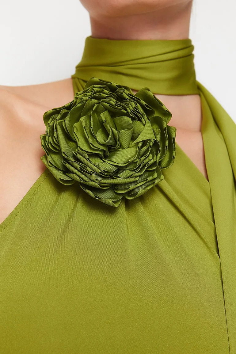 Oil Green Fitted Knitted Rose Detail Elegant Evening Dress - 4