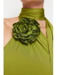 Oil Green Fitted Knitted Rose Detail Elegant Evening Dress - 4