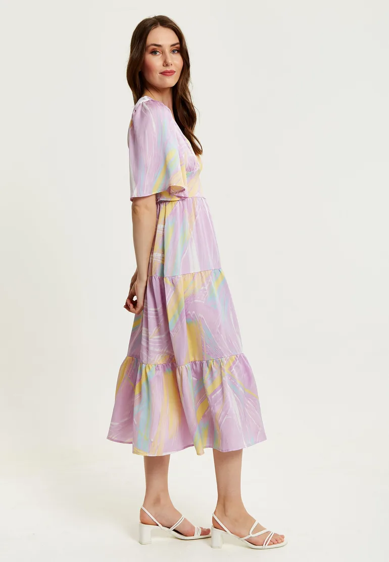 Women's Midi Dress in Lilac with Kimono Sleeves and Abstract Zebra Print. - 6