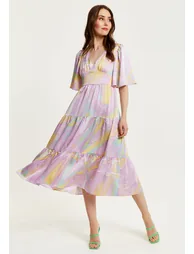 Women's Midi Dress in Lilac with Kimono Sleeves and Abstract Zebra Print. - 1