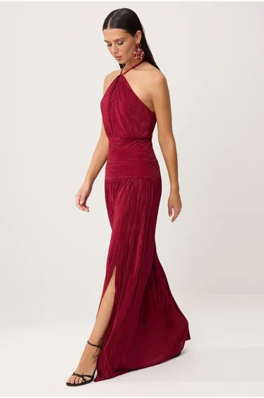 Burgundy Pleated Maxi Evening Dress & Graduation Gown