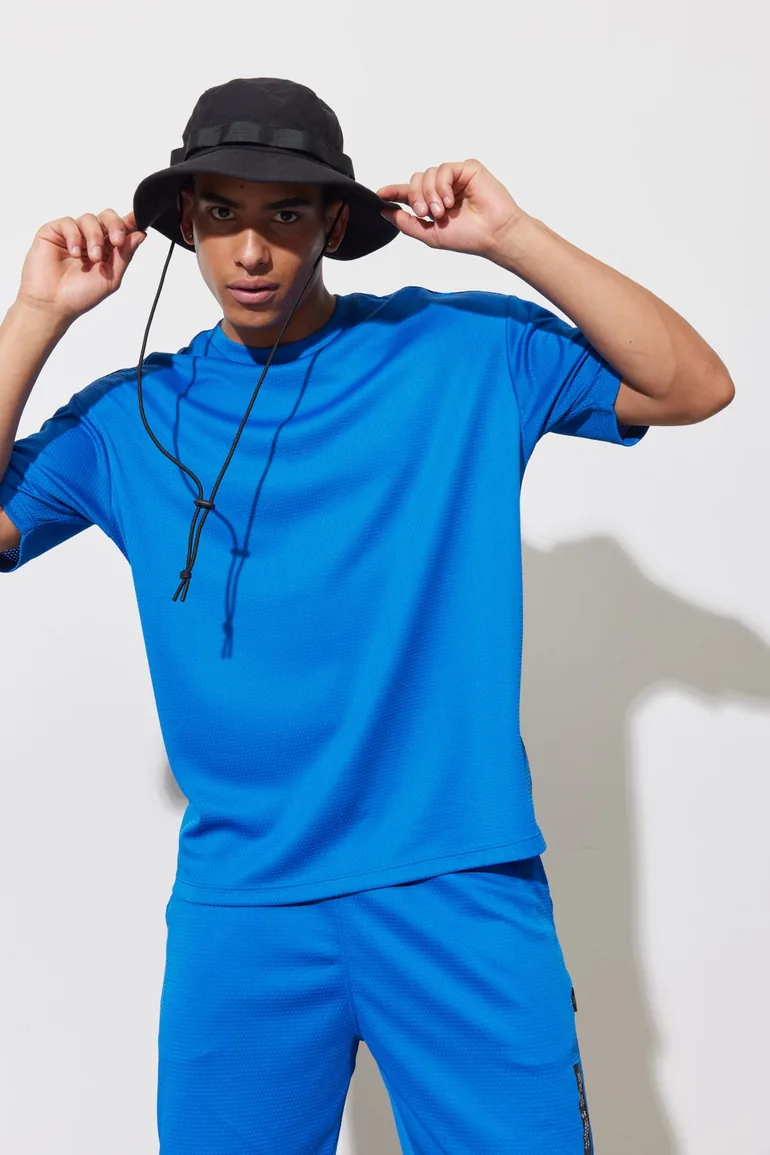 Men's Saxe Blue Loose Fit Crew Neck Short Sleeve Soft Textured Sports T-Shirt - 1