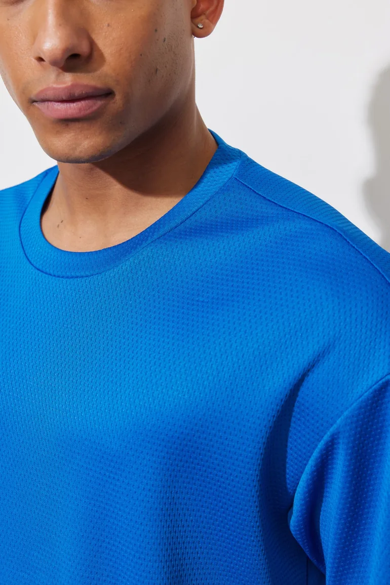 Men's Saxe Blue Loose Fit Crew Neck Short Sleeve Soft Textured Sports T-Shirt - 3